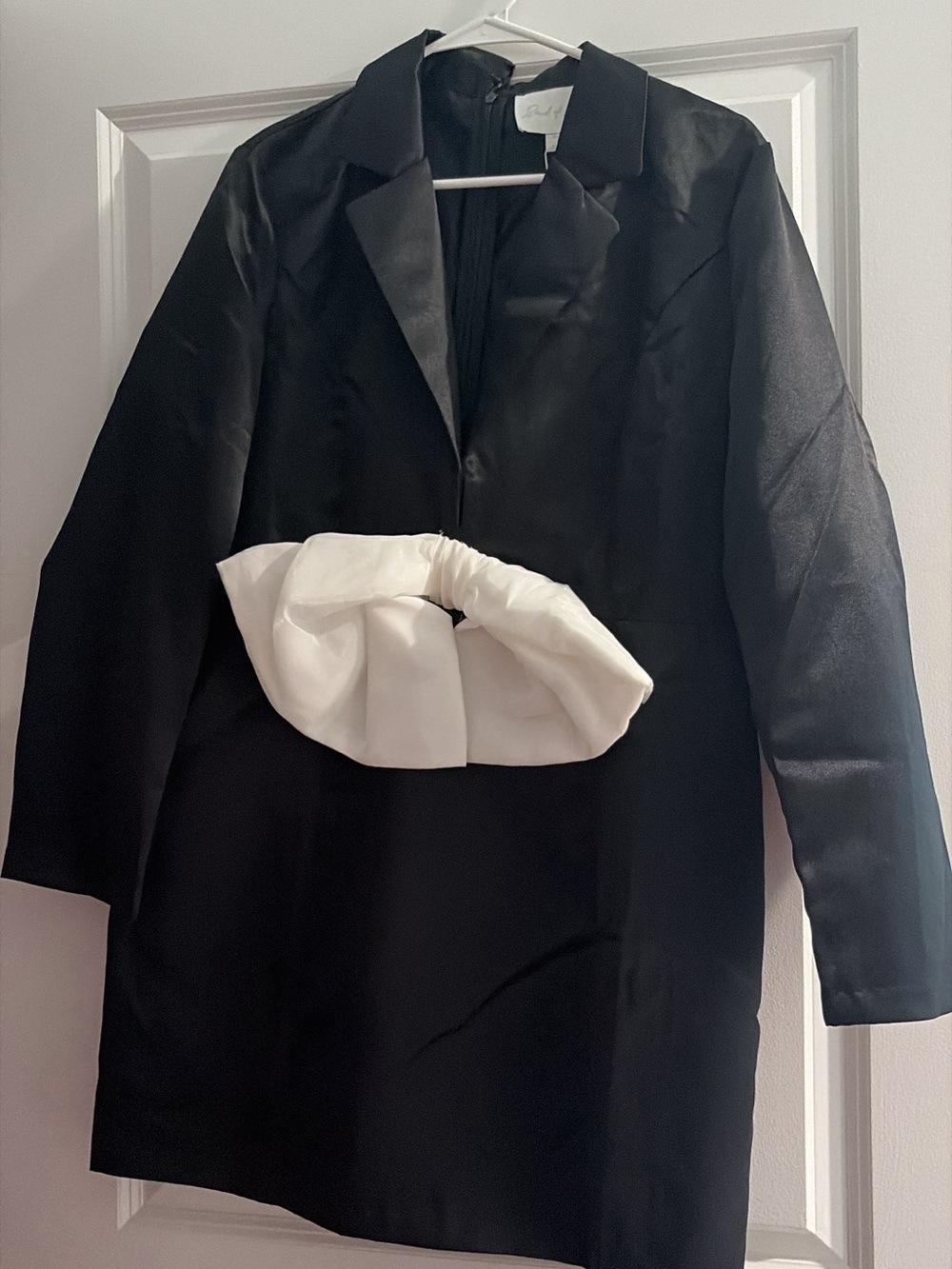 Black Satin Blazer Dress with White Bow Belt